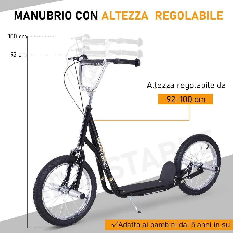 HOMCOM Premium Monopattino Scooter a rotelle 16 pollici Cityroller per bambini e ragazzi, nero