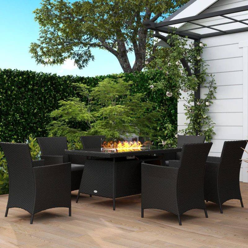 Outsunny 7 Pieces Outdoor Rattan Garden Furniture with Fire Pit Table, 6 Seater Garden Table and Chairs with Cushions, Rattan Dining Set with Propane Heater Table, Windscreen, 50,000 BTU, Black