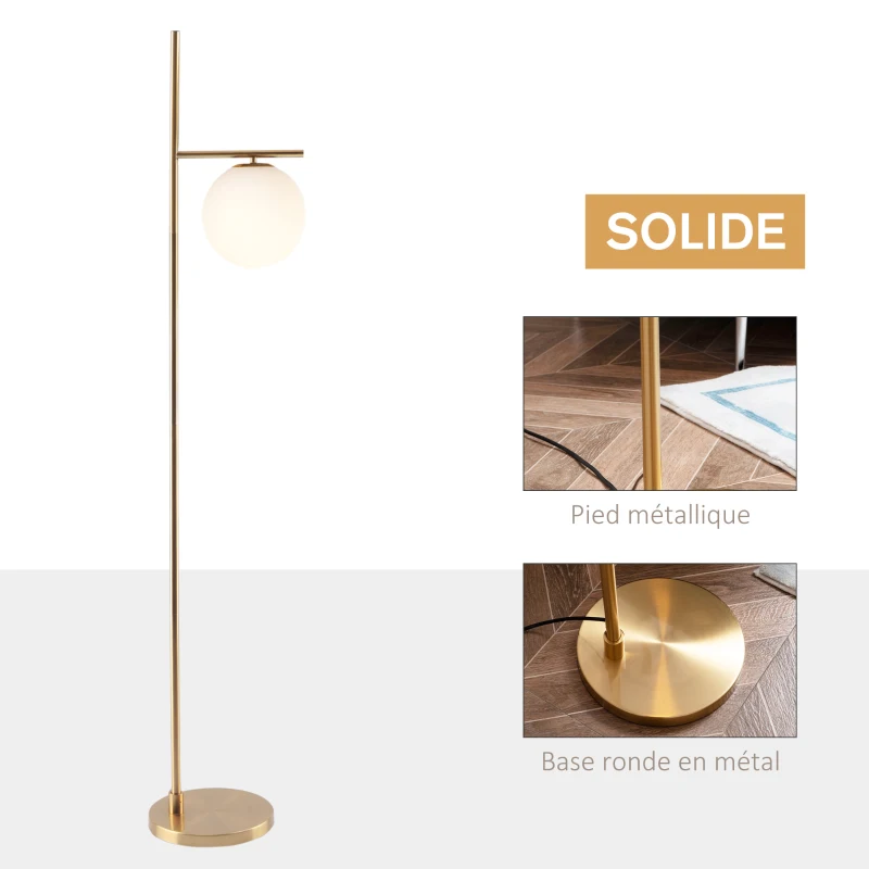 HOMCOM Lampadaire lampe à pied en métal avec abat-jour câble de 180 cm avec interrupteur à pied 30 x 25 x 159 cm or blanc