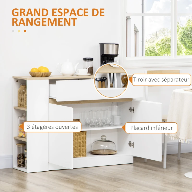 HOMCOM Buffet meuble de rangement avec 2 tiroirs 3 étagères ouvertes et placard 2 portes 110 x 29,5 x 82 cm blanc