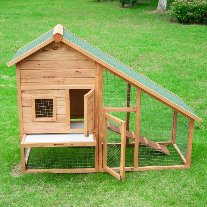 PawHut Gabbia per Conigli in Legno con Recinto e Rampa, Conigliera da Esterno Casetta per Porcellino d'India con Tetto Impermeabile, 158x65x120cm