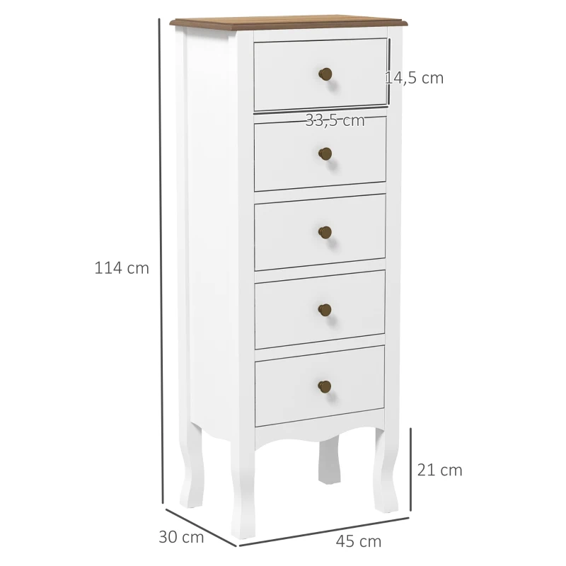 HOMCOM Chiffonnier 5 tiroirs, Meuble de rangement compact blanc avec poignée bouton effet laiton