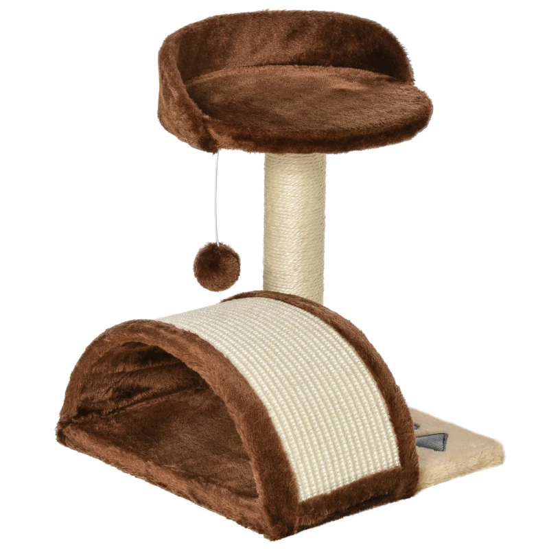 PawHut Árbol Rascador para Gatos Pequeños Altura 46 cm de 2 Niveles Árbol para Gatos con Poste Tablero para Rascar Plataformas y Juguete de Bola Colgante 35,5x37x46 cm Marrón