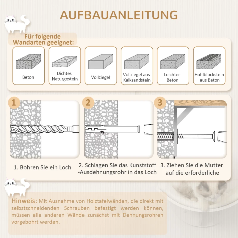 PawHut Katzenregal, Wandmontage, weiche Liegefläche, bis 10kg, 41x28x21cm, Weiß
