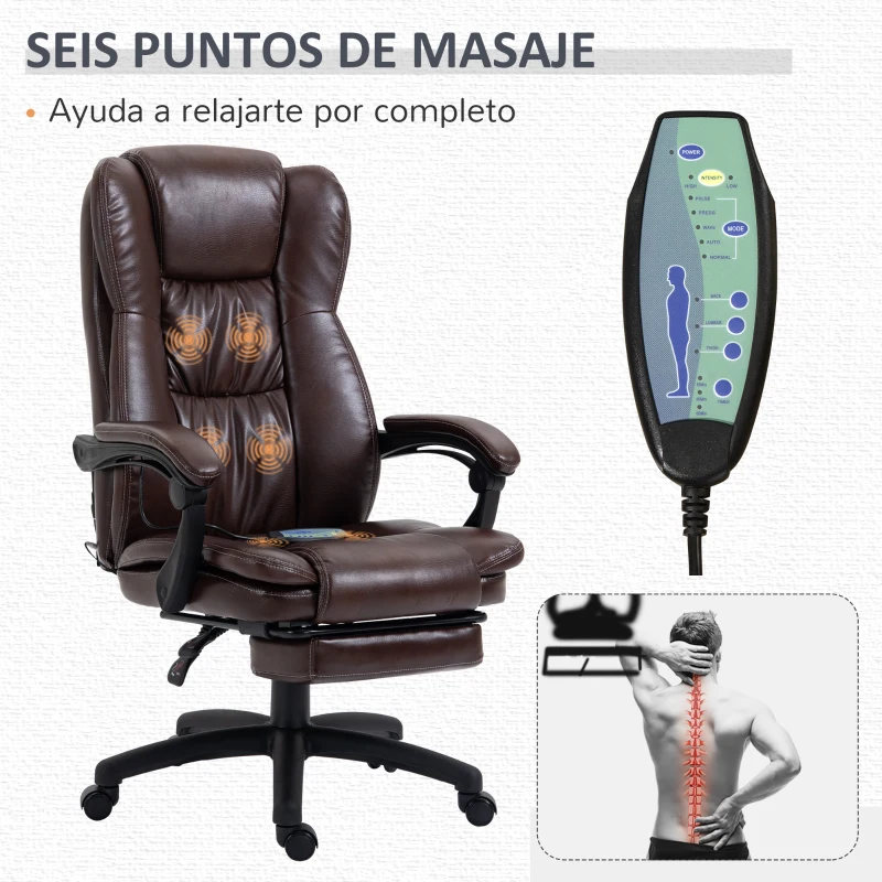 Vinsetto Silla de Masaje Reclinable con Altura Ajustable Reposapiés Retráctil y Control Remoto 68,5x68,5x113-121 cm Marrón
