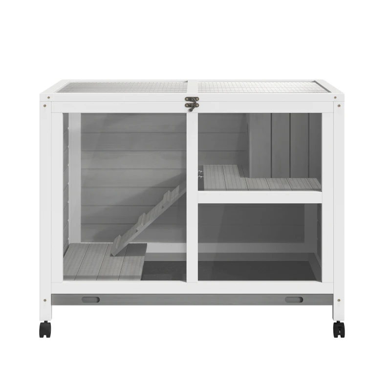 PawHut Conejera de Madera con Ruedas 91,5x53,3x73 cm Jaula para Conejos de 2 Niveles con Techo Abatible Gris