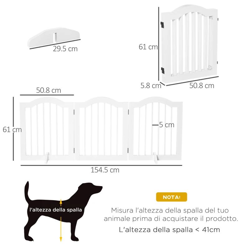 PawHut Cancellino per Cani Pieghevole a 3 Sezioni in Legno, 154.5x29.5x61cm, Bianco