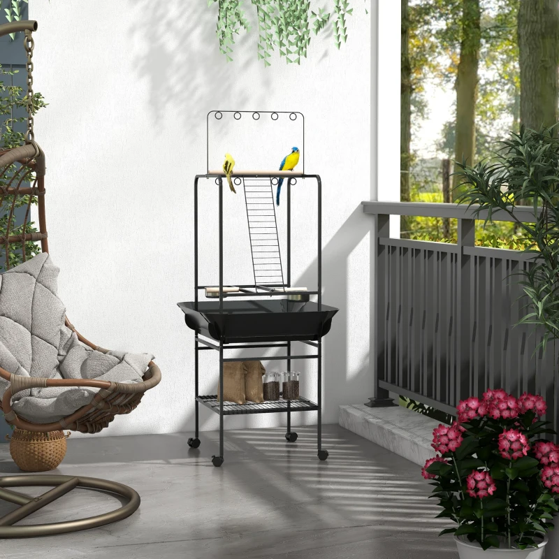 PawHut Aire de jeu sur roulettes pour oiseaux 3 perchoirs en bois 1 échelle 2 mangeoires en inox 155 cm gris foncé