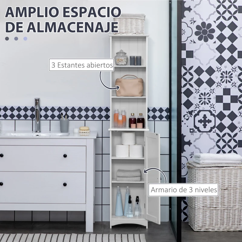 kleankin Columna de Baño con 3 Compartimientos Puerta y Estantes Ajustables para Ducha Aseo 34x23x165 cm Blanco
