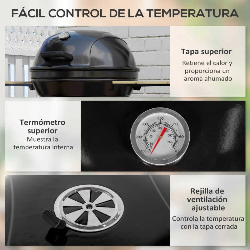 Outsunny Barbacoa Portátil con 2 Ruedas Estantes Plegables Termómetro y Parrilla Metálica para Pícnic Camping 117x68x91 cm Negro