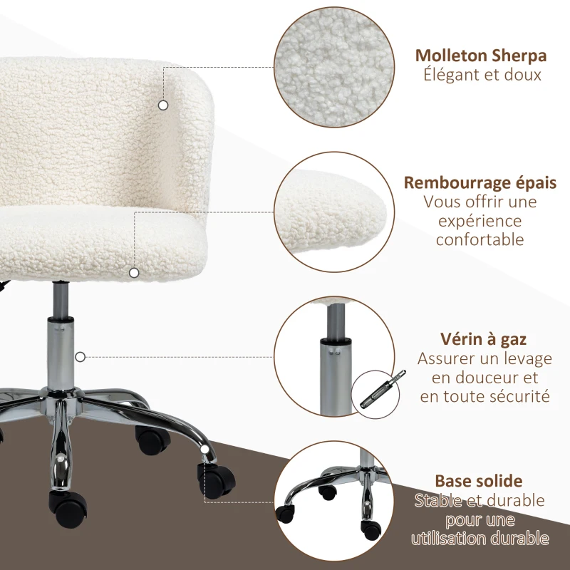 HOMCOM Chaise de bureau sans accoudoir en toison d'agneau hauteur réglable pivotant à 360 ° charge max. 120 Kg blanc