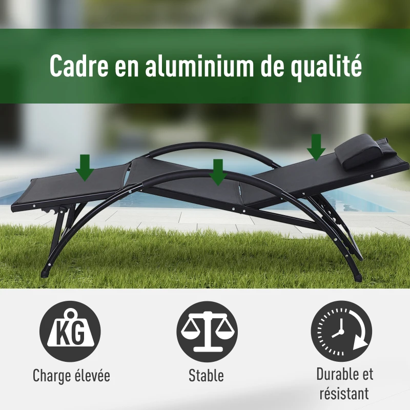 Outsunny Bain de Soleil transat Chaise Longue Fauteuil relax Jardin Design Contemporain inclinable Multi-Positions Repose-Pied réglable tétière icluse alu textilène Noir