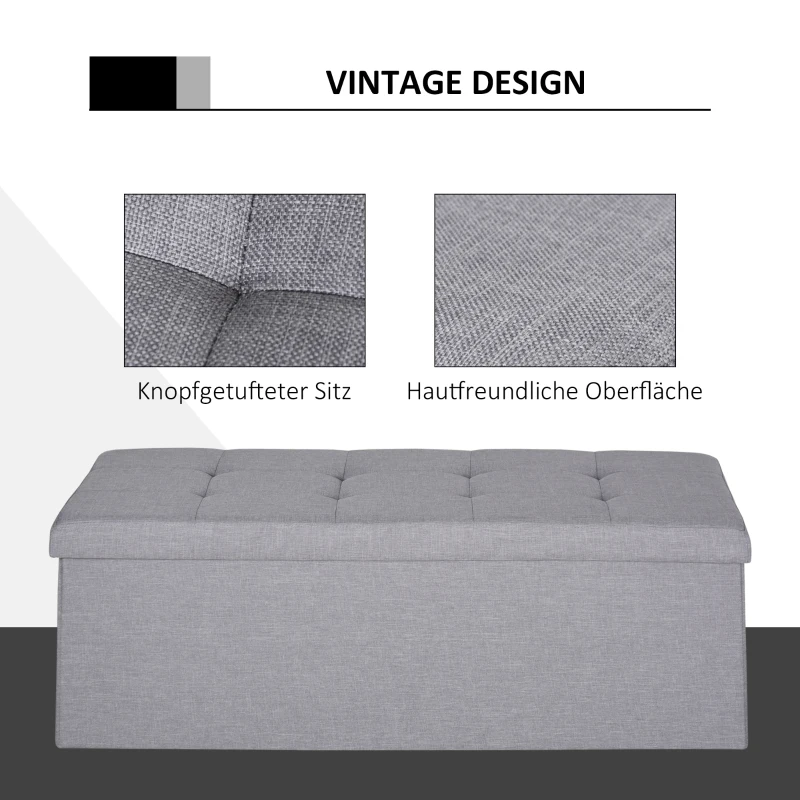 HOMCOM Sitzbank, Polsterbank mit Stauraum, Truhenbank mit Trenngitter, Faltbar, Sackleinen, Schaumstoff, Grau, 110 x 38 x 38 cm