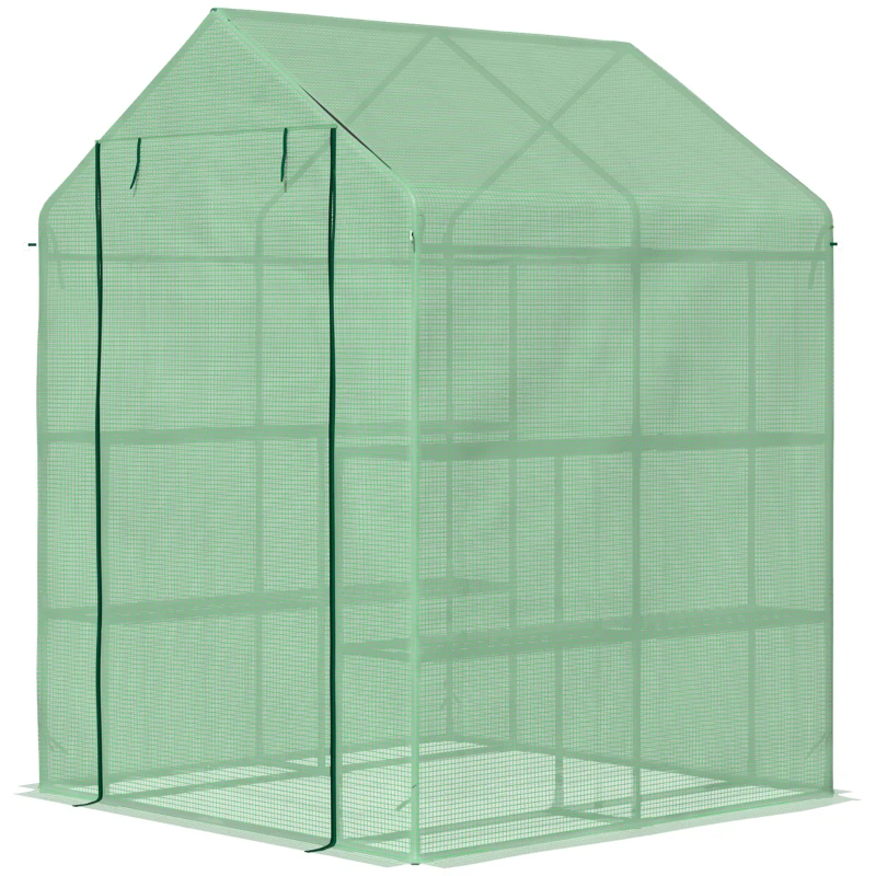 Outsunny Invernadero de Jardín Tipo Caseta Invernadero de Exterior con 2 Niveles 4 Estantes Puerta Enrollable Marco de Acero y Cubierta de PE 140g/㎡ para Cultivos Plantas Macetas 143x138x190 cm Verde