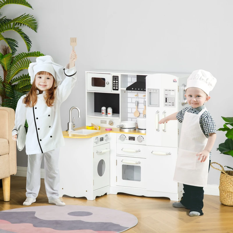 HOMCOM Cocina de Juguete de Madera para Niños de +3 Años con Sonidos 14 Accesorios Cocinita Infantil con Teléfono Fregadero Extraíble Microondas y Grifo 82x65x87 cm Blanco(m-2)
