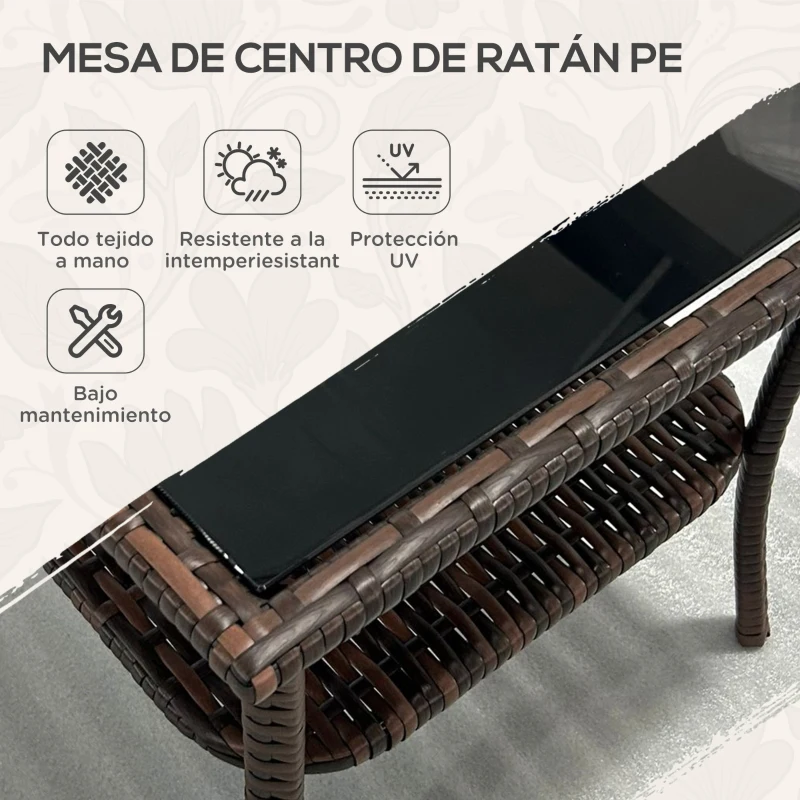 Outsunny Mesa de Ratán PE Cuadrada 50x50x45 cm Mesa de Jardín con Estante Encimera de Cristal y Marco de Acero Carga 30 kg Marrón