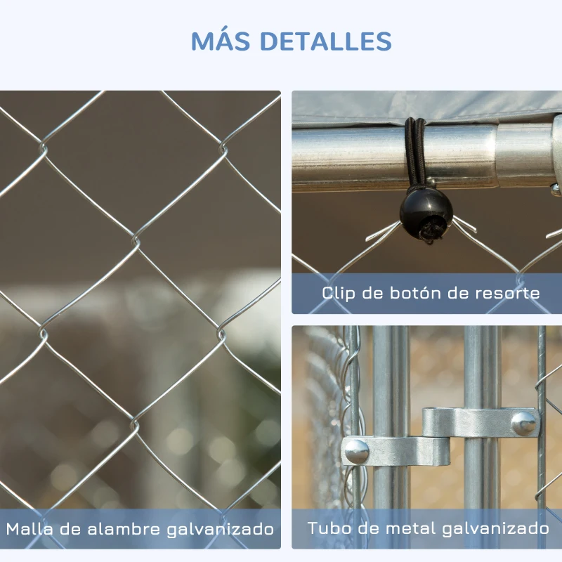 PawHut Perrera de Exterior con Toldo Anti-UV Impermeable Puerta con Pestillo y Marco de Metal Galvanizado 4x4x2,3 m Plata