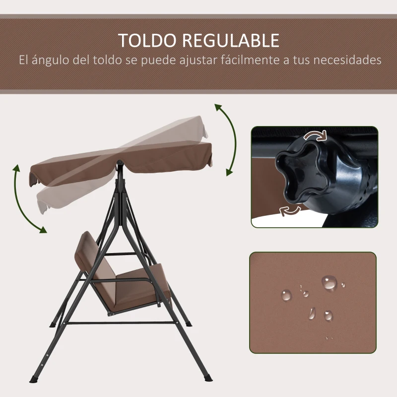 Outsunny Balancín de Jardín Exterior Columpio de 3 Plazas con Toldo Ajustable y Marco de Acero para Terraza 172x110x153 cm Marrón