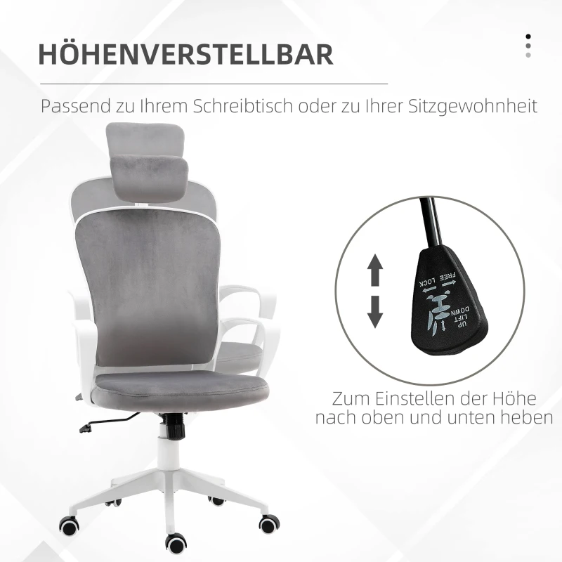 Vinsetto Bürostuhl mit Wippfunktion höhenverstellbarer Computerstuhl ergonomischer Drehstuhl mit Armlehne Kopfstütze Samtoptik 63 x 64 x 118-128 cm Hellgrau