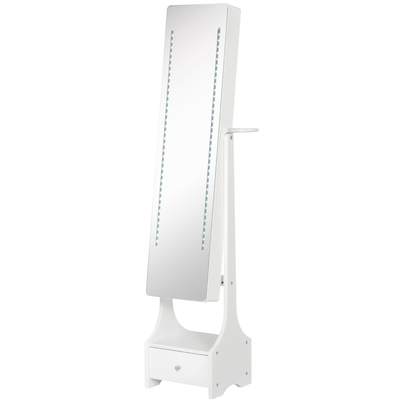 HOMCOM Armario para Joyas con Espejo de Cuerpo Entero Ángulo Ajustable con Cajón y Colgador para Secador 37x30x158 cm Blanco