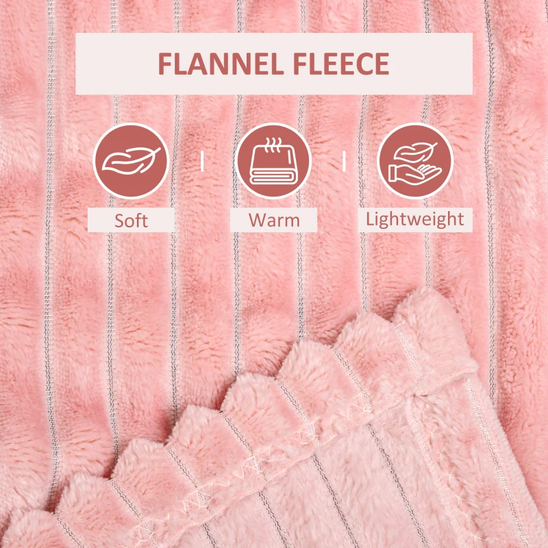 HOMCOM Flannel Fleece Blanket for Sofas, All-Season Fluffy Warm Throw Blanket for Bed, Couch, Chair, Striped Reversible Travel Bedspread, Double Size, 203 x 152cm, Pink