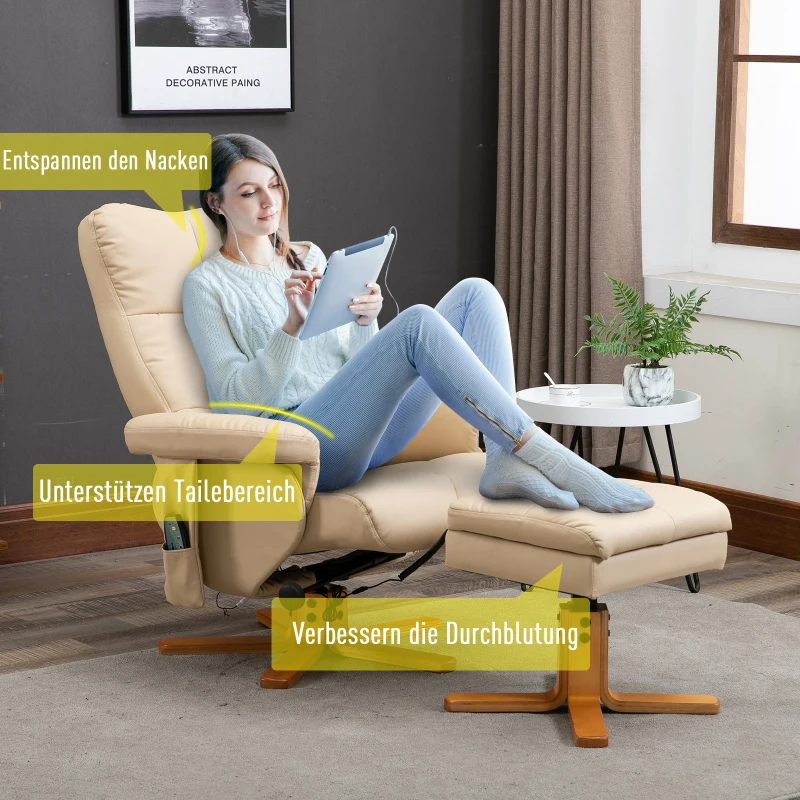 HOMCOM Relaxsessel Massagesessel mit Fußhocker Stauraum Liegefunktion Fernsehsessel mit Massagefunktion TV Sessel 145°-Neigung Polyester Cremeweiß 80 x 86 x 99 cm