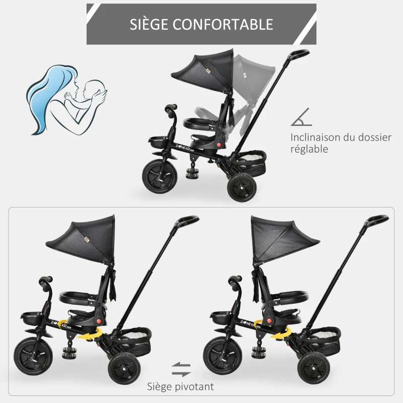 HOMCOM Tricycle Enfant évolutif Pliable 4 en 1 Multifonction - Pare-Soleil, Canne télescopique Amovible - siège pivotant, Harnais, Arceau sécurité - 3 paniers Rangement - métal PP Noir