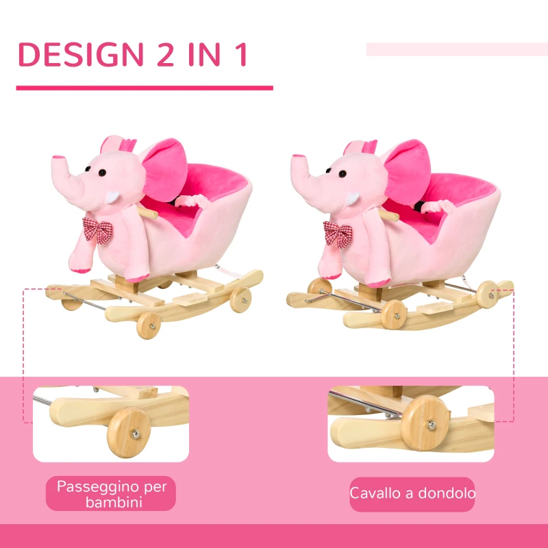 HOMCOM Animale a Dondolo a forma di Elefante con Rotelle e Cintura, in Peluche, Legno e Acciaio, 60x35x45 cm, Rosa