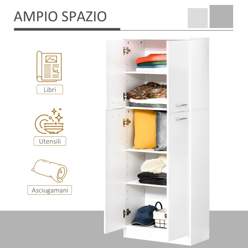 HOMCOM Armadio Multiuso a 4 Ante con Mensole Regolabili in MDF, 59x31x155cm, Bianco