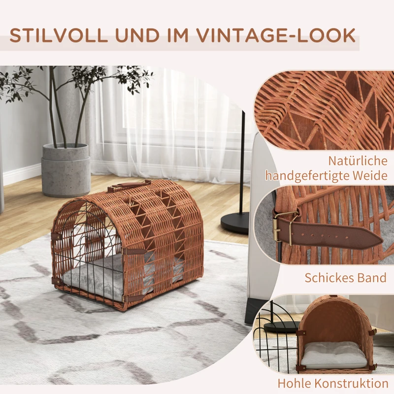 PawHut Transporttasche für Katze Hund aus Weide geflochten Korbhöhle mit Kissen Gitter für Transport Katzen Hunden Braun Metall 42 x 35 x 37 cm