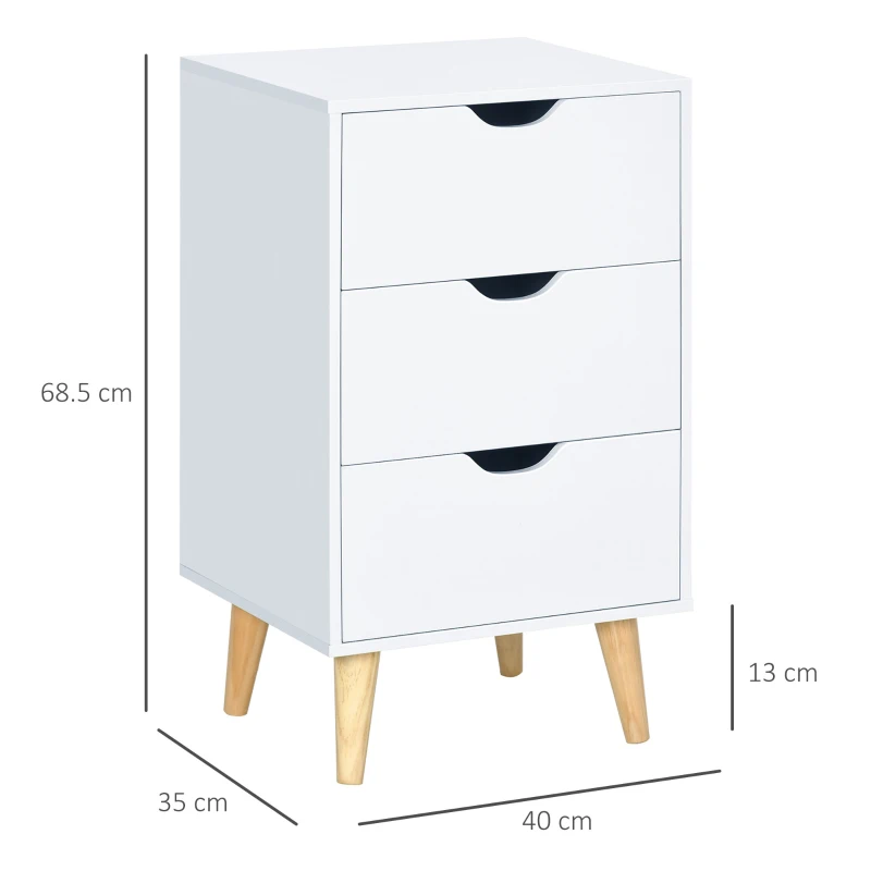 HOMCOM Bedside Table, Bedside Cabinet with 3 Drawers, Side End Table with Pine Wood Legs for Bedroom Living Room, Cream White