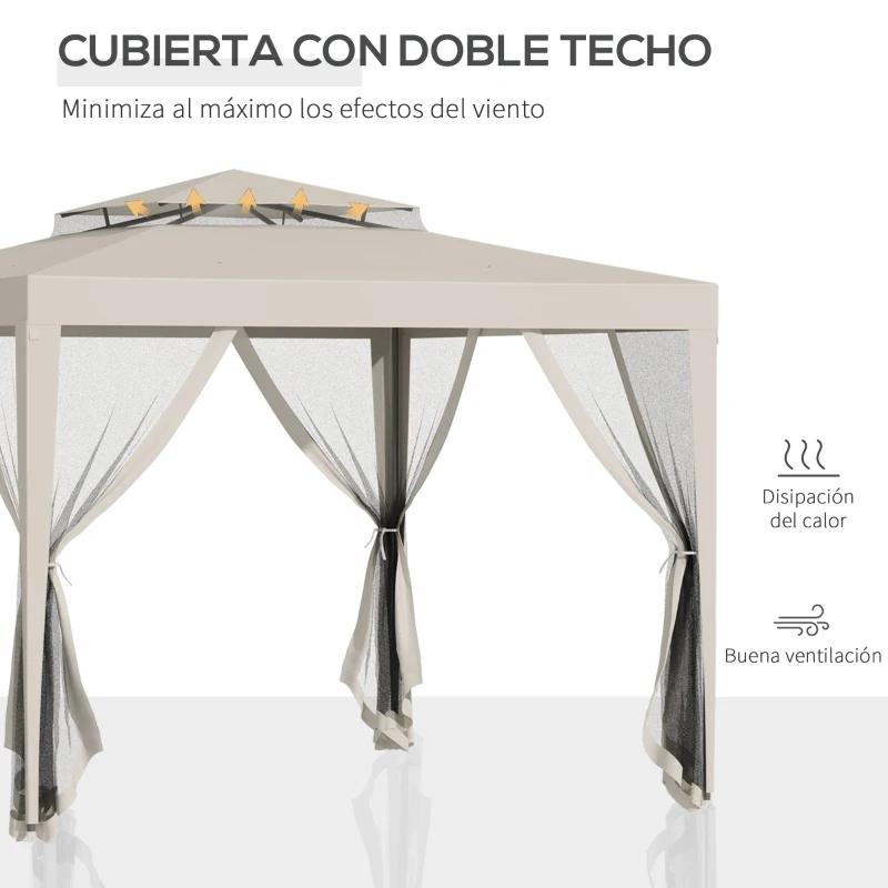 Outsunny Carpa de Jardín 3x3 m Cenador Gazebo con 4 Mosquiteras Laterales Techo Doble 8 Orificios de Drenaje Marco de Metal Beige