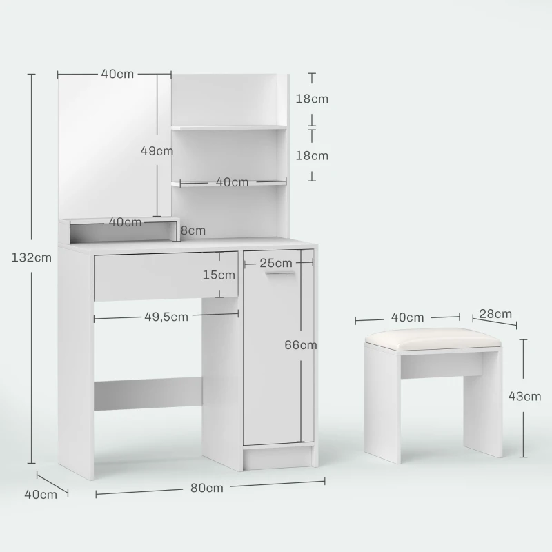 HOMCOM Tocador de Maquillaje con Taburete Espejo Cajón Estante Ajustable y Estantes Abiertos Anti-vuelco Blanco y Beige