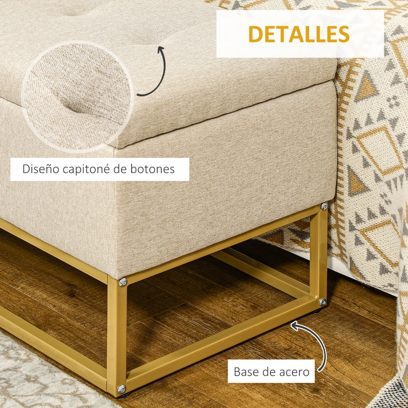 HOMCOM Banqueta con Almacenamiento Banco Rectangular Tapizado en Lino con Tapa Abatible y Patas de Acero 110x44x48 cm Beige