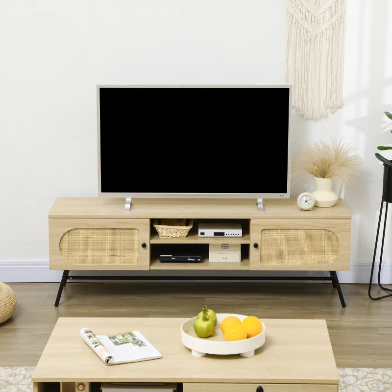 HOMCOM Meuble TV 2 portes cannage en rotin 2 niches avec 2 passe-câbles - pieds métal noir 150 x 39 x 48,3 cm naturel