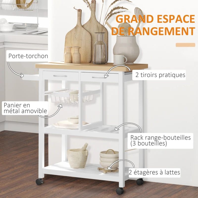 HOMCOM Chariot de service desserte de cuisine à roulettes multi-rangements 85L x 37l x 85H cm plateau bois massif pin châssis MDF blanc