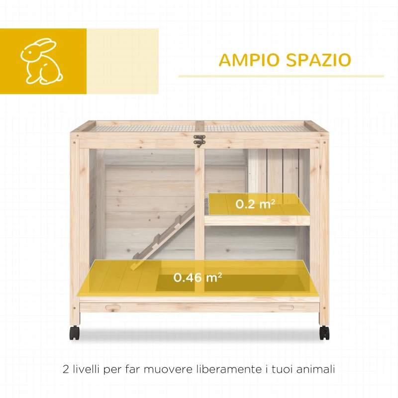 PawHut Conigliera in Legno a 2 Piani con Casetta, Rampa e Vassoio Estraibile, 91.5x53.3x73cm