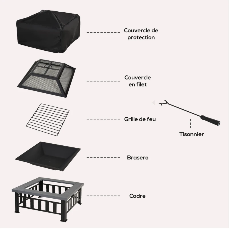 Outsunny Brasero cheminée Foyer extérieur dim 86L x 86l x 54H cm Grille à Charbon Couvercle tisonnier métal Noir