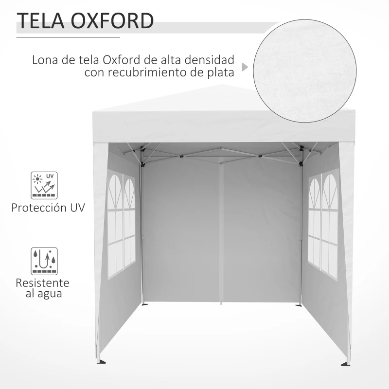 Outsunny Cenador de Jardín 2x2m con 4 Paredes Laterales Tela Oxford 2 Puertas 2 Ventanas y Bolsa de Transporte Impermeable Blanco