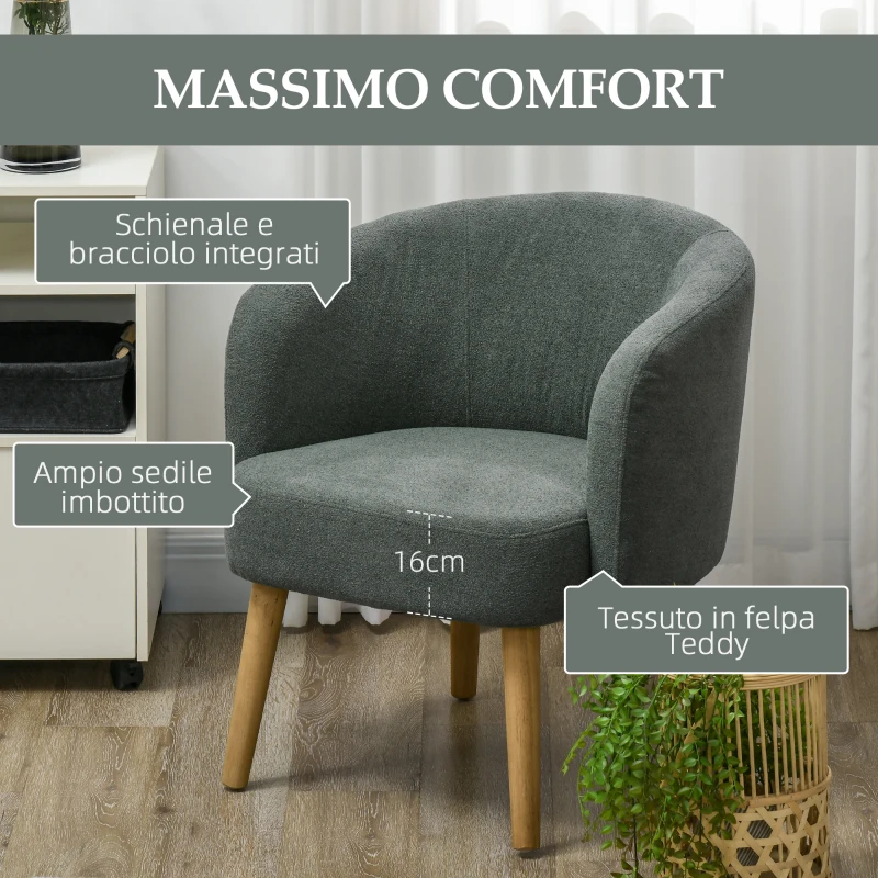 HOMCOM Poltrona Moderna a Botte in Tessuto Teddy con Imbottitura e Gambe in Legno, Verde Scuro