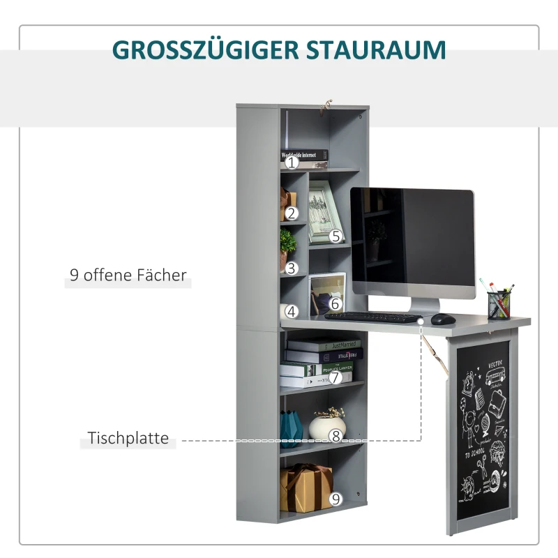 HOMCOM Schreibtisch Esstisch klappbar mit 6 Fächer Bücherregal mit 3 Regale Computertisch Bürotisch E1 Spanplatte Metallrahmen Dunkelgrau 98 x 51 x 153 cm