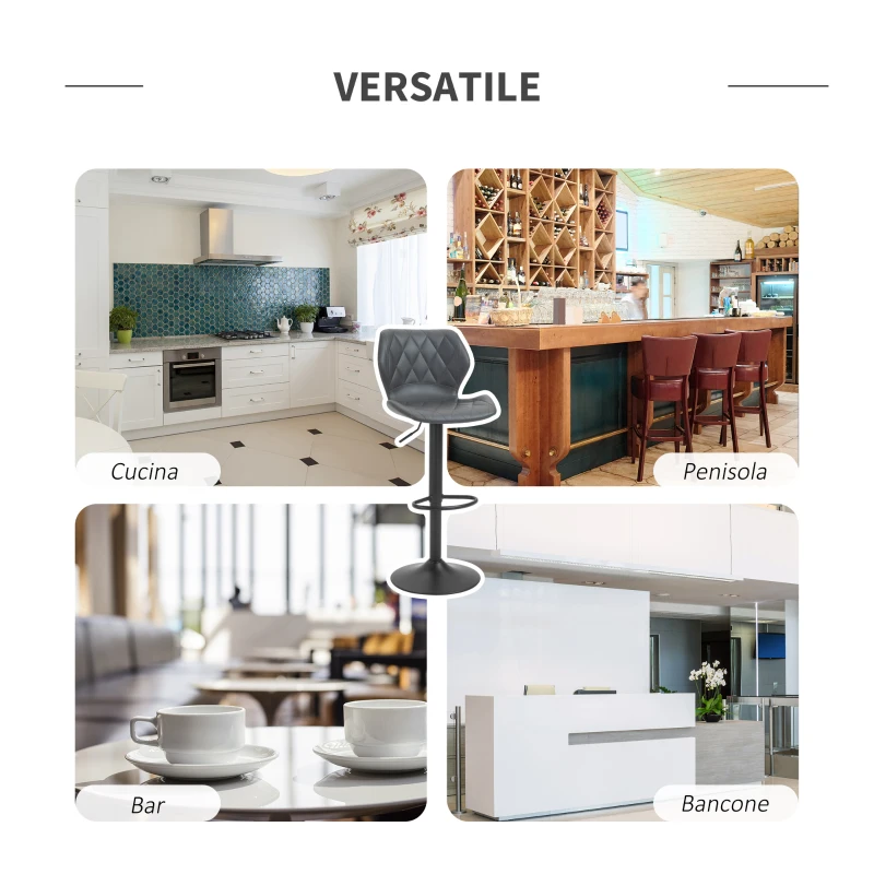 HOMCOM Set di 2 Sgabelli da Bar Alti in Finta Pelle con Altezza Regolabile, Sgabelli Cucina Girevoli con Schienale e Poggiapiedi, 46.5x49.5x92-113cm Grigio