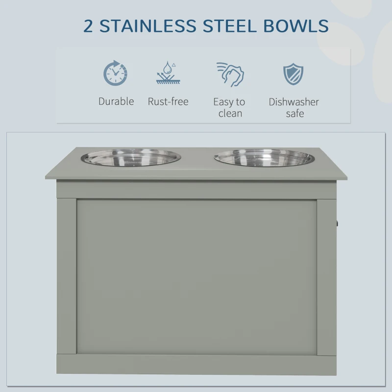 PawHut Raised Dog Bowls, with Storage, Two Stainless Steel Bowls, Elevated Base - Grey