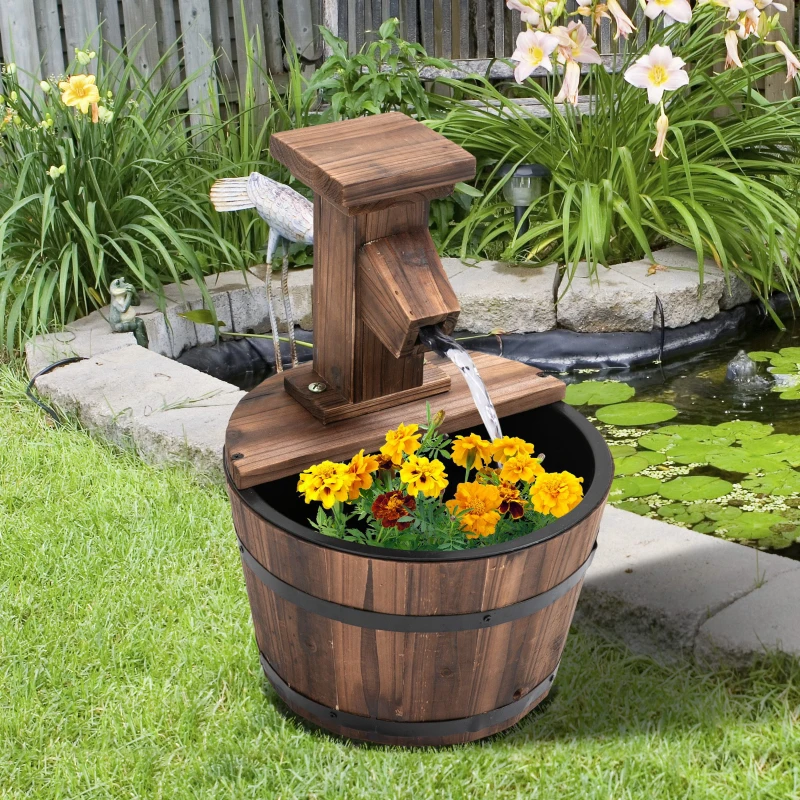 Outsunny Gartenbrunnen Zierbrunnen Springbrunnen Fassbrunnen Wasserfall Holzeimer Tannenholz + Metall Dunkelbraun Ø27 x 37 cm