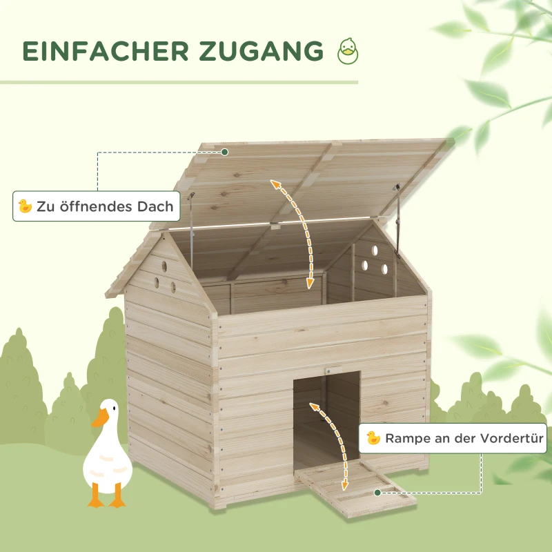 PawHut Entenhaus mit aufklappbarem Kippdach, Geflügelhaus mit erhöhten Boden und Rampe, Tannenholz, 100 x 82,5 x 91 cm(m-4)