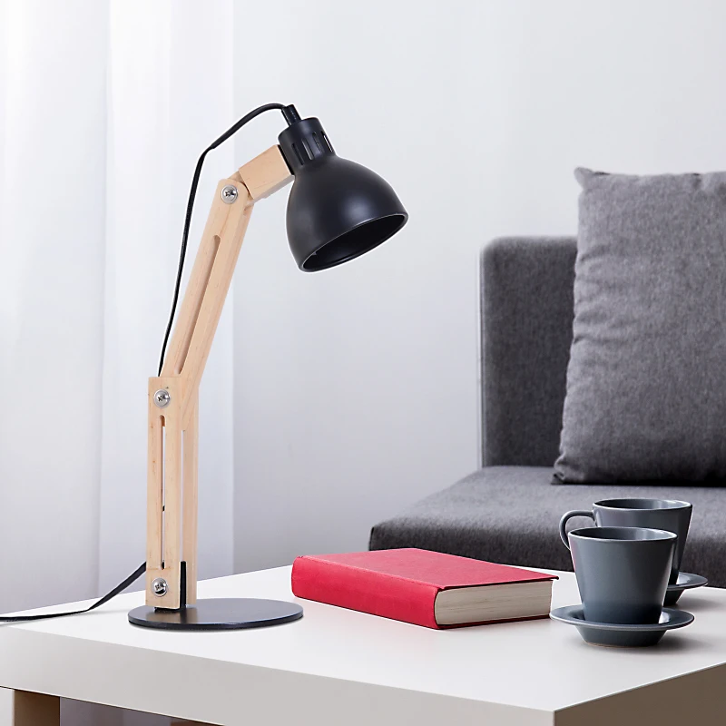 HOMCOM Lampe de table lampe de bureau style scandinave néo-rétro dim. 26L x 15l x 41H cm hauteur angle réglable bois pin métal noir