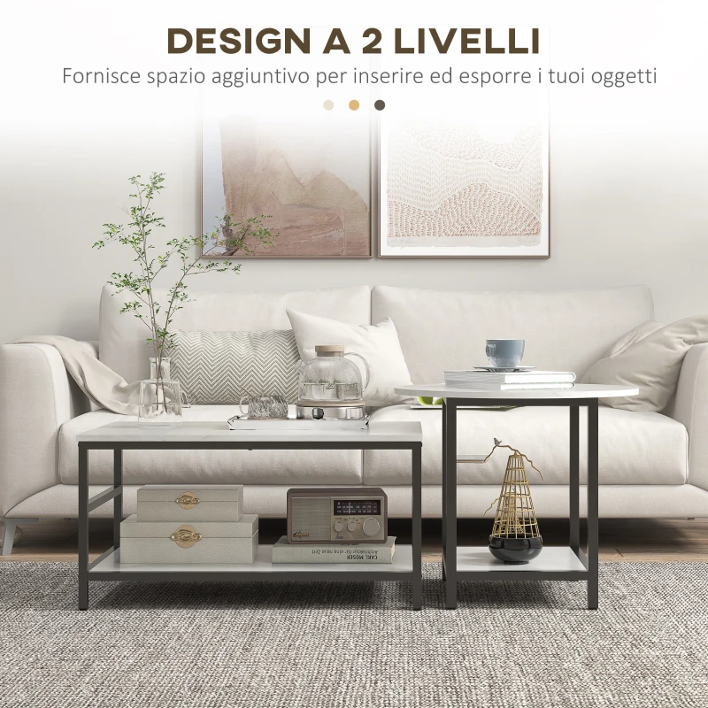 HOMCOM Set 2 Tavolini da Caffè a 2 Livelli in Truciolato e Acciaio con Piano d'Appoggio Effetto Marmo, Bianco e Nero