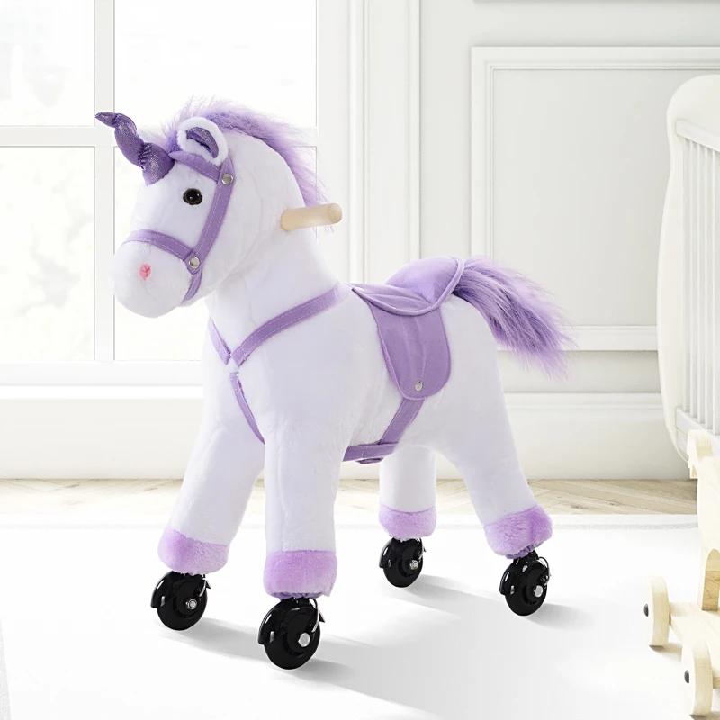 HOMCOM Kids Ride-On Rocking Unicorn, with Realistic Sounds, Handlebars, Purple/White