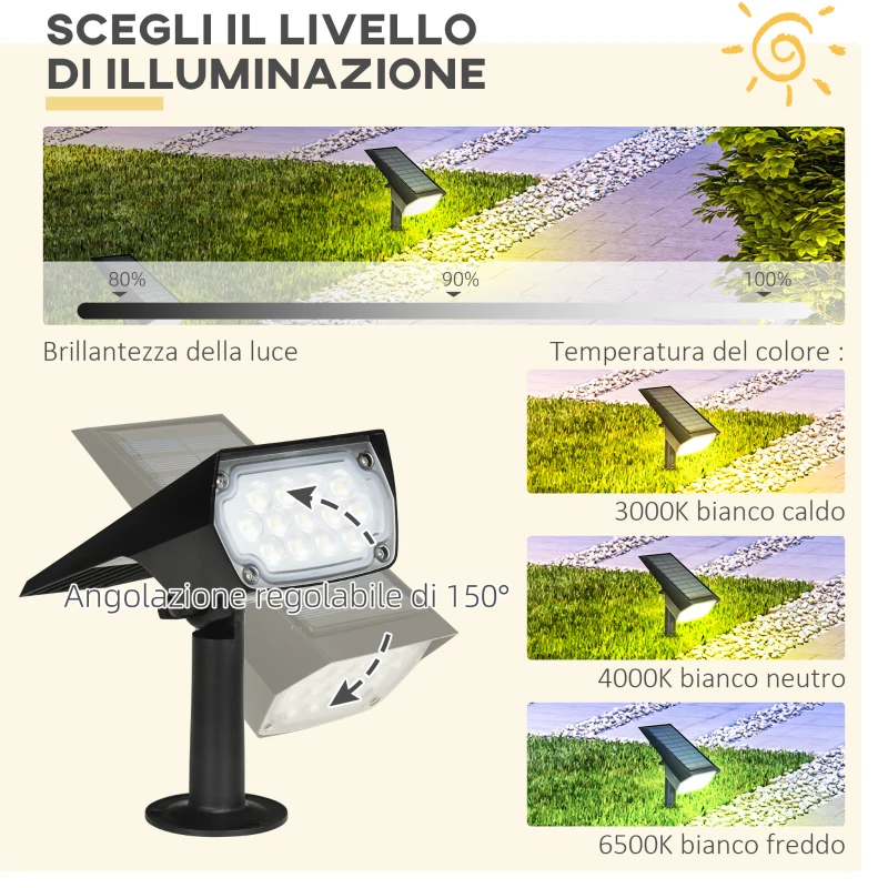 Outsunny set da 4 Faretti da Giardino e Muro con Picchetto, Luce Solare 2 Luminosità, 17x10x48.3cm Nero