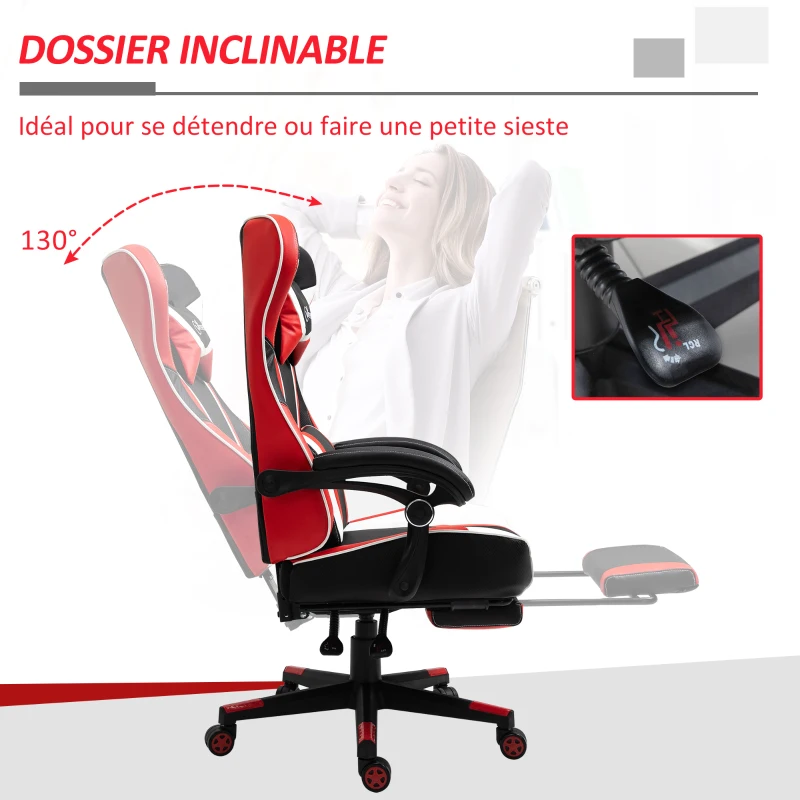 Vinsetto Fauteuil de bureau gaming massant - pivotant, inclinable, réglable - coussin lombaire, tétière, repose-pieds inclus - PVC rouge blanc noir